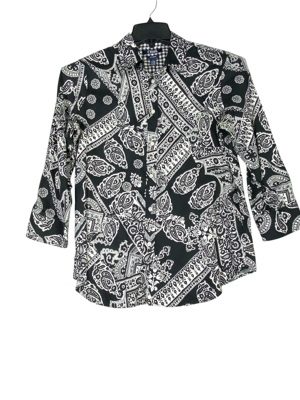 Chaps No Iron Button Down Blouse Women's M Black White Paisley Bandana Patchwork